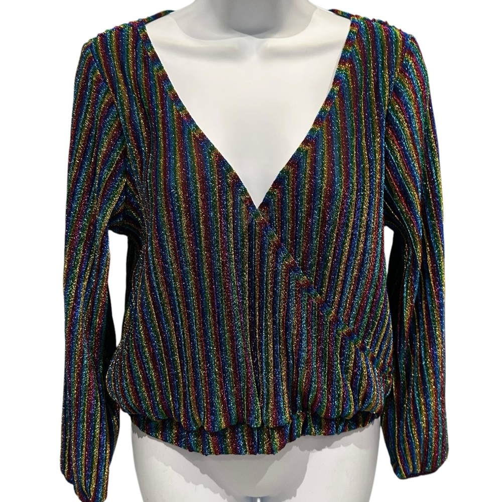 Sweet Rain Rainbow Shimmery Glitter Long Sleeve Blouse Top Size Large